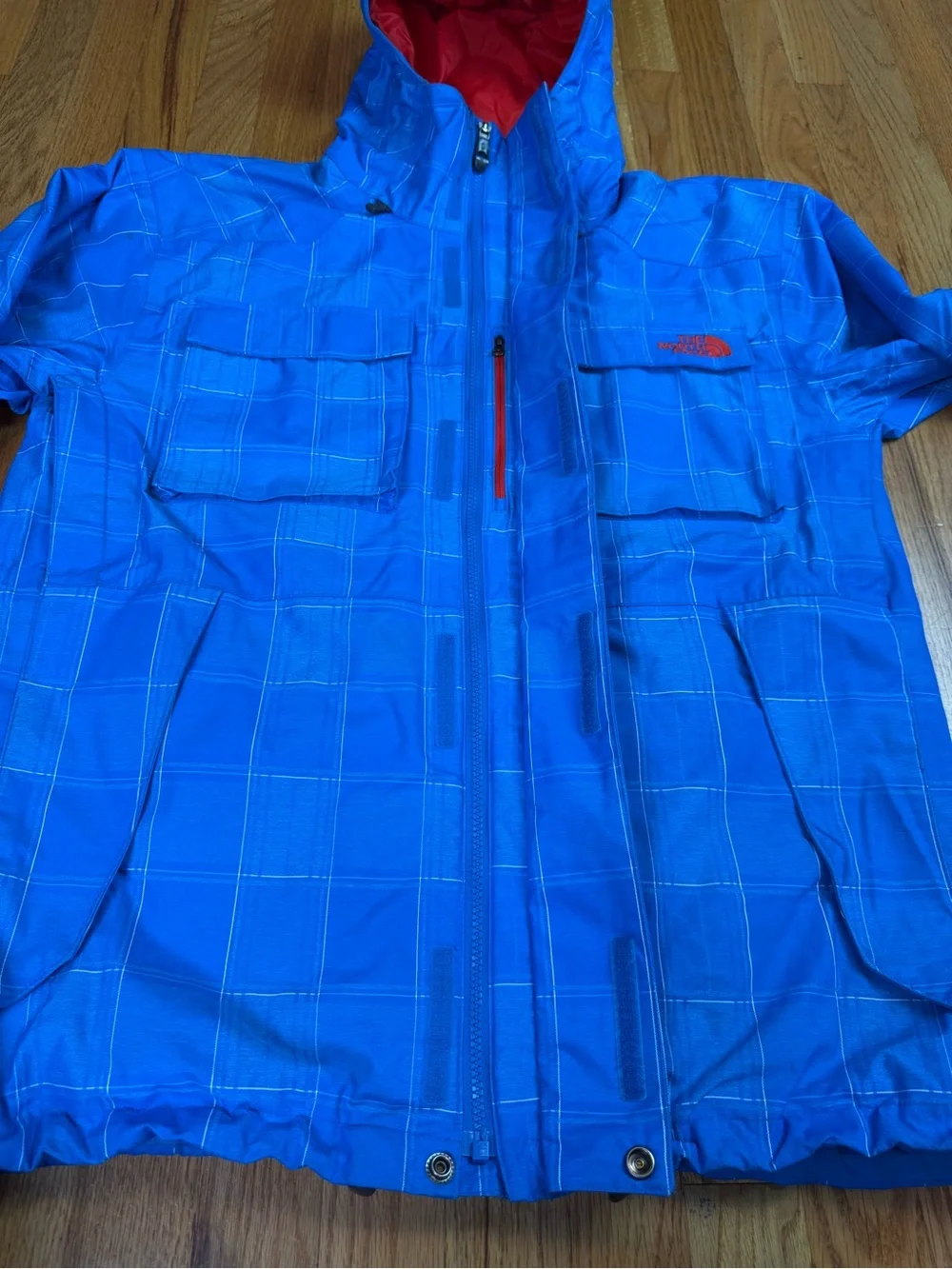 The North Face HyVent Blue Plaid Jacket Mens M Hooded Full Zip Snowboard Ski Sno